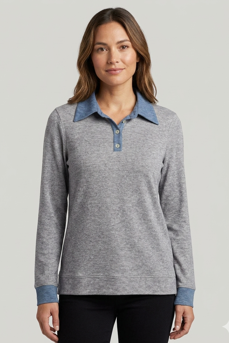 Long Sleeve Polo Collar Sweater in Heather Grey