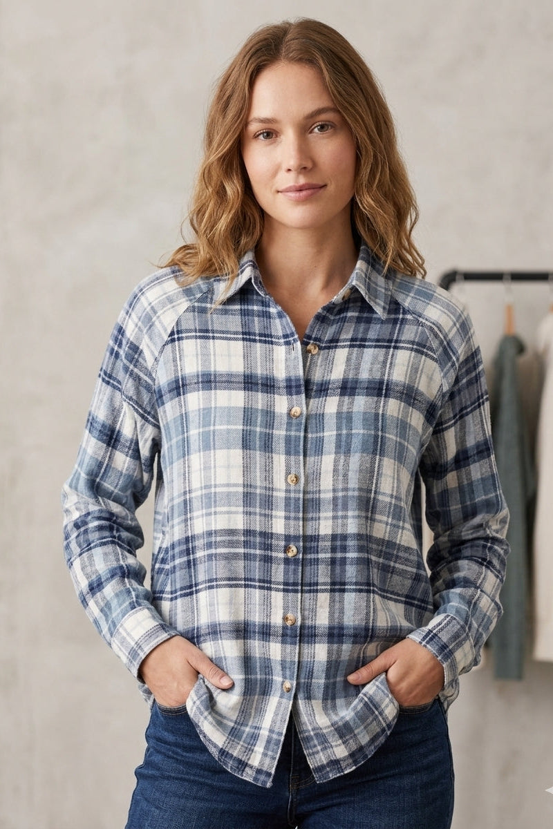 Flannel Shirt with Raglan Style Sleeve and Side Seam Pockets in Blue
