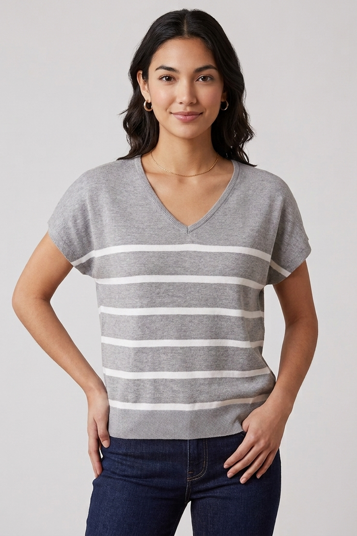 Dolman Sleeve striped V-Neck Sweater in Heather Gray