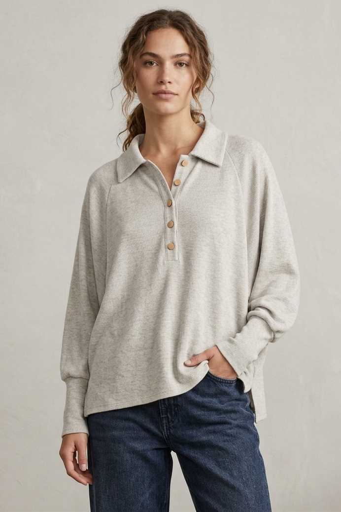 Polo collar top with oversize bat wing sleeve in Cream