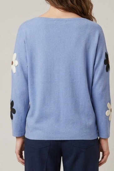 Floral Sweater with Boat Neck in Heather Colonial Blue