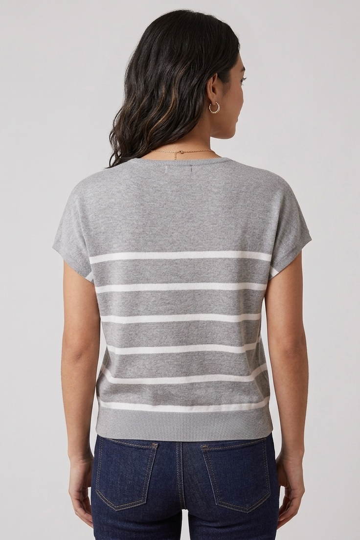 Dolman Sleeve striped V-Neck Sweater in Heather Gray