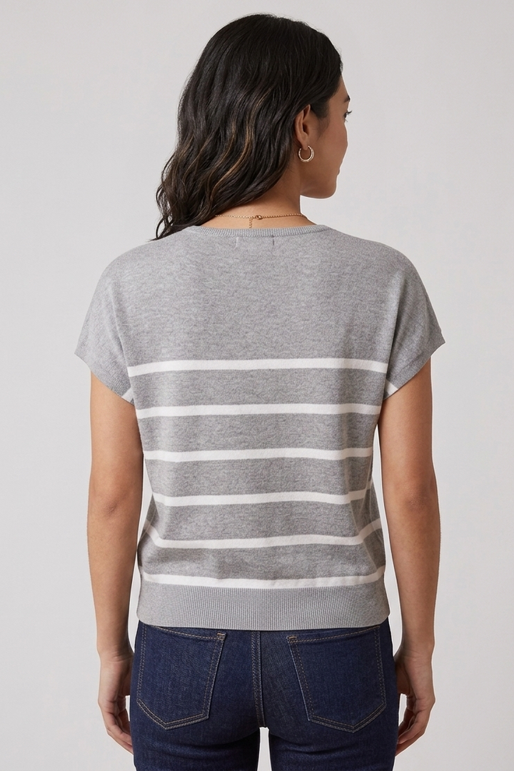 Dolman Sleeve striped V-Neck Sweater in Heather Gray