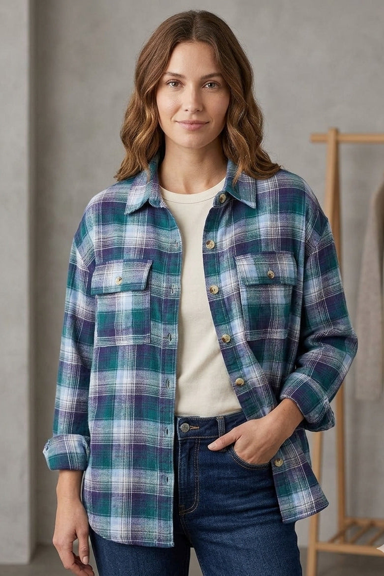 Brushed Flannel Button-up Shirt in Blue/Green