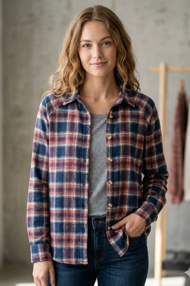 Flannel Shirt with Raglan Style Sleeve and Side Seam Pockets in Navy/Burgundy