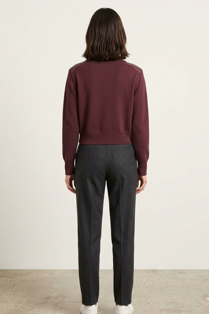 Double Knit Coated Zip Front Cardigan in Wine Leather