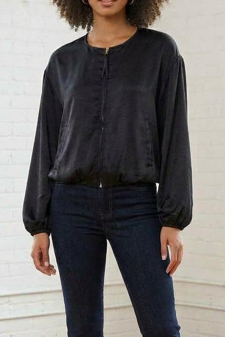 Black Bubble Hem Satin Jacket
