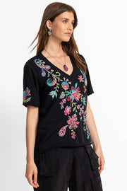Embroidered Raw Hem V-Neck Tee in Black
