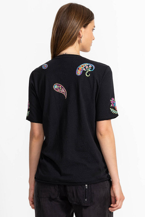 Embroidered Raw Hem V-Neck Tee in Black