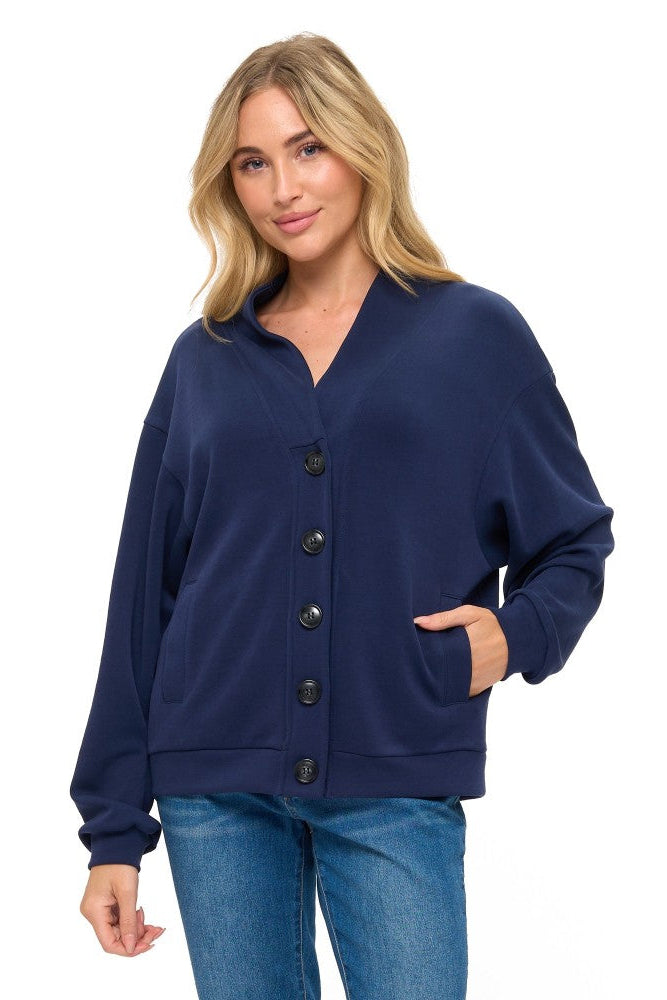 Large Collar Scuba Cardigan in Navy