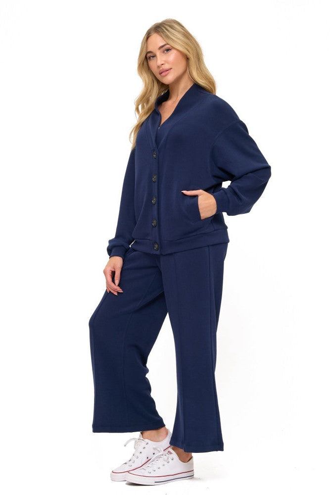 Large Collar Scuba Cardigan in Navy