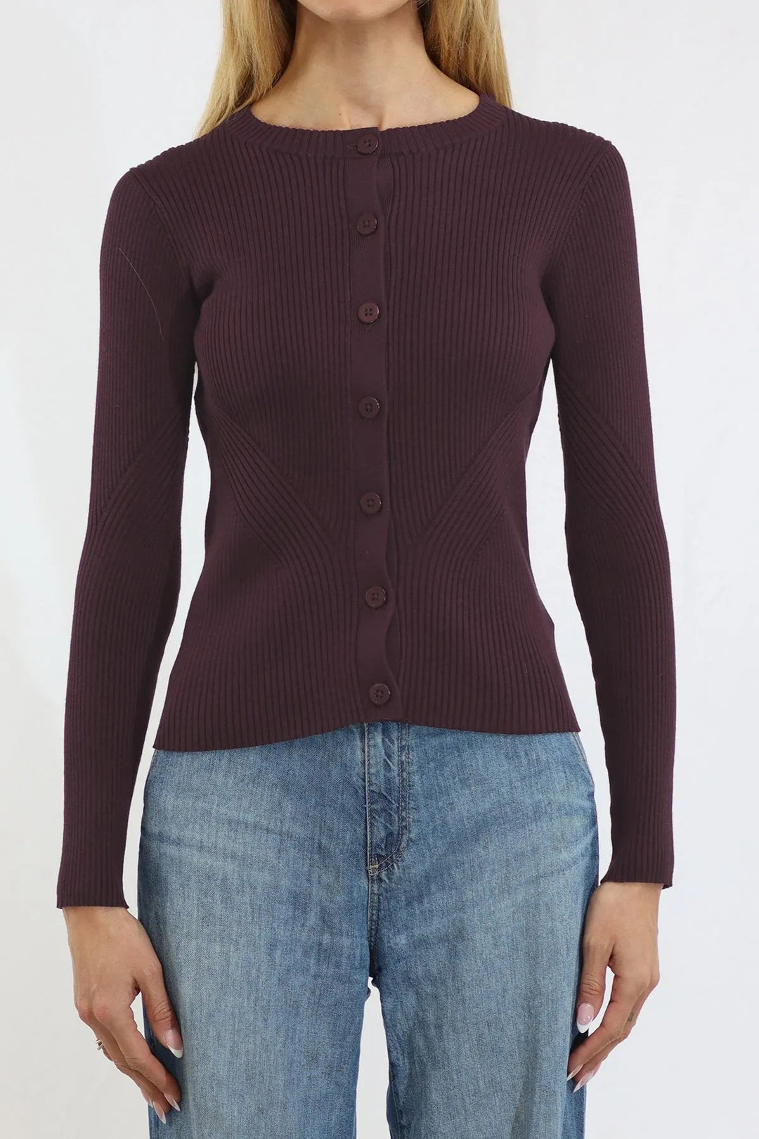 Crew Neck Cardigan in Mauve Wine