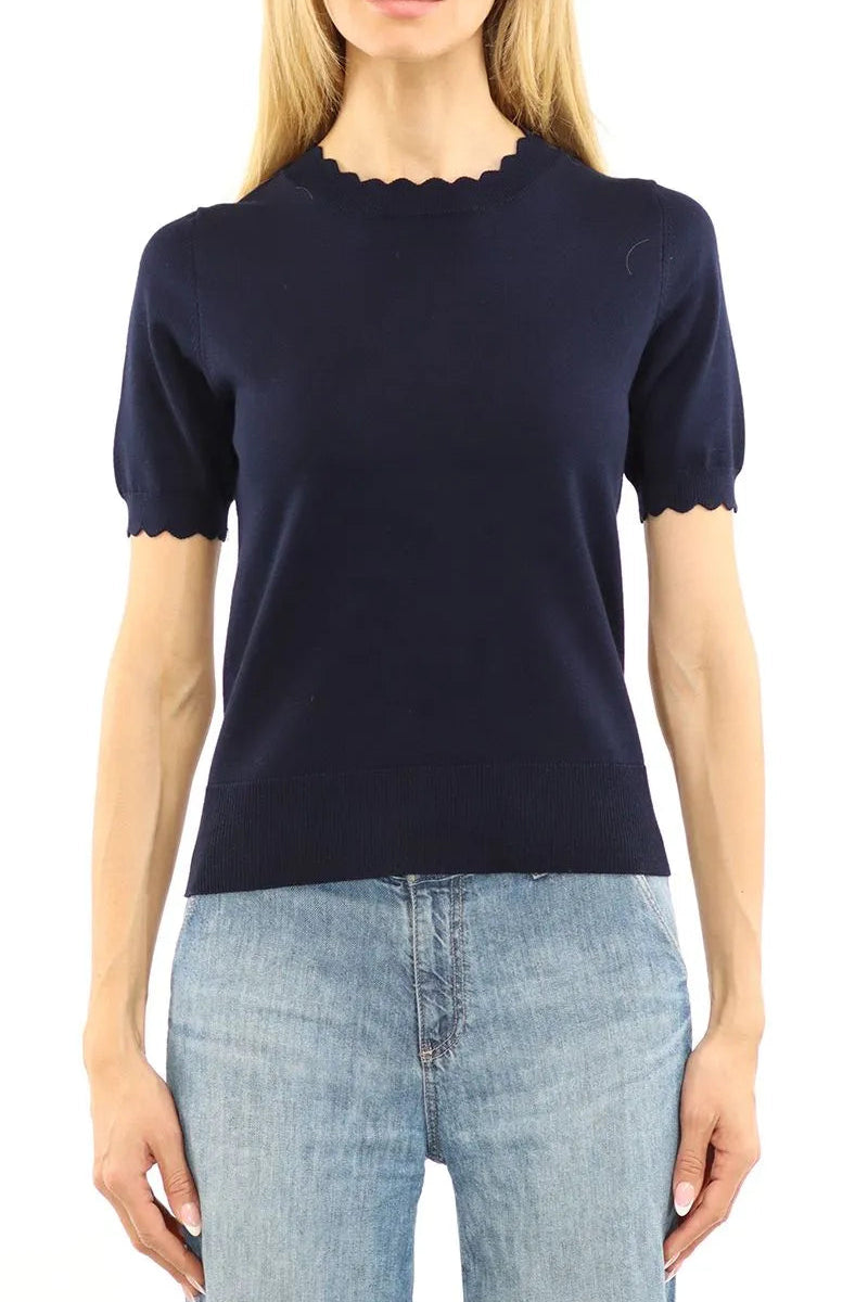 Scallop Edge Short Sleeve Sweater in Navy