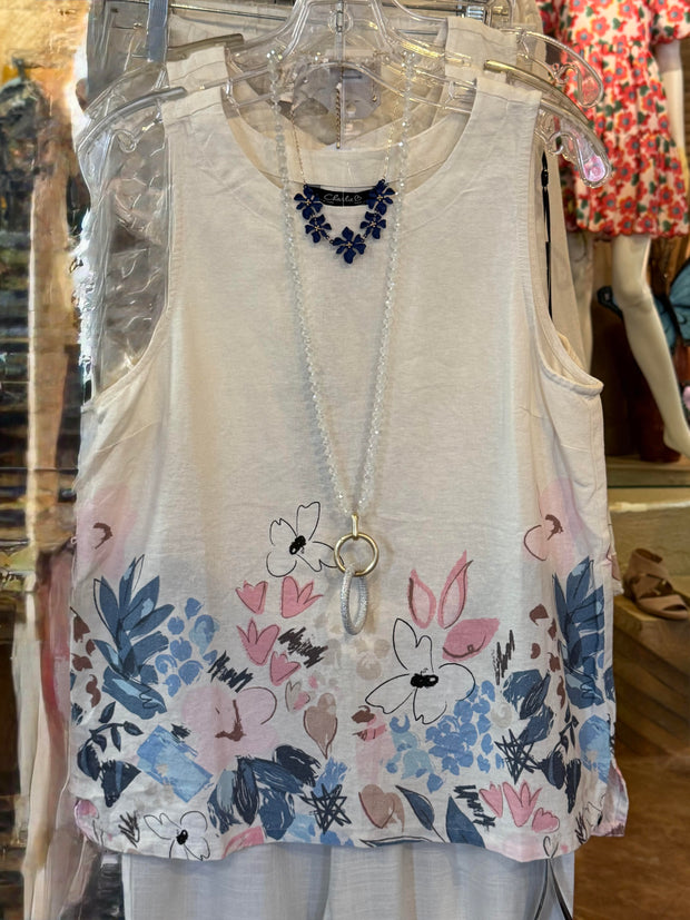 Sleeveless printed linen top