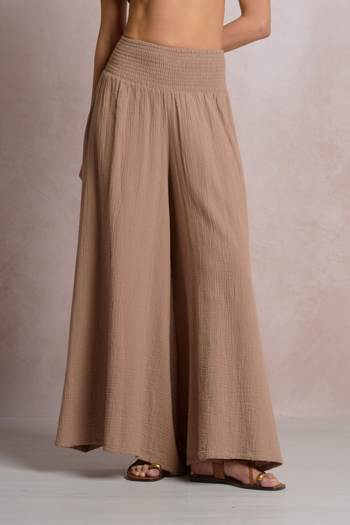 Dara Smocked Palazzo Pant in Taupe