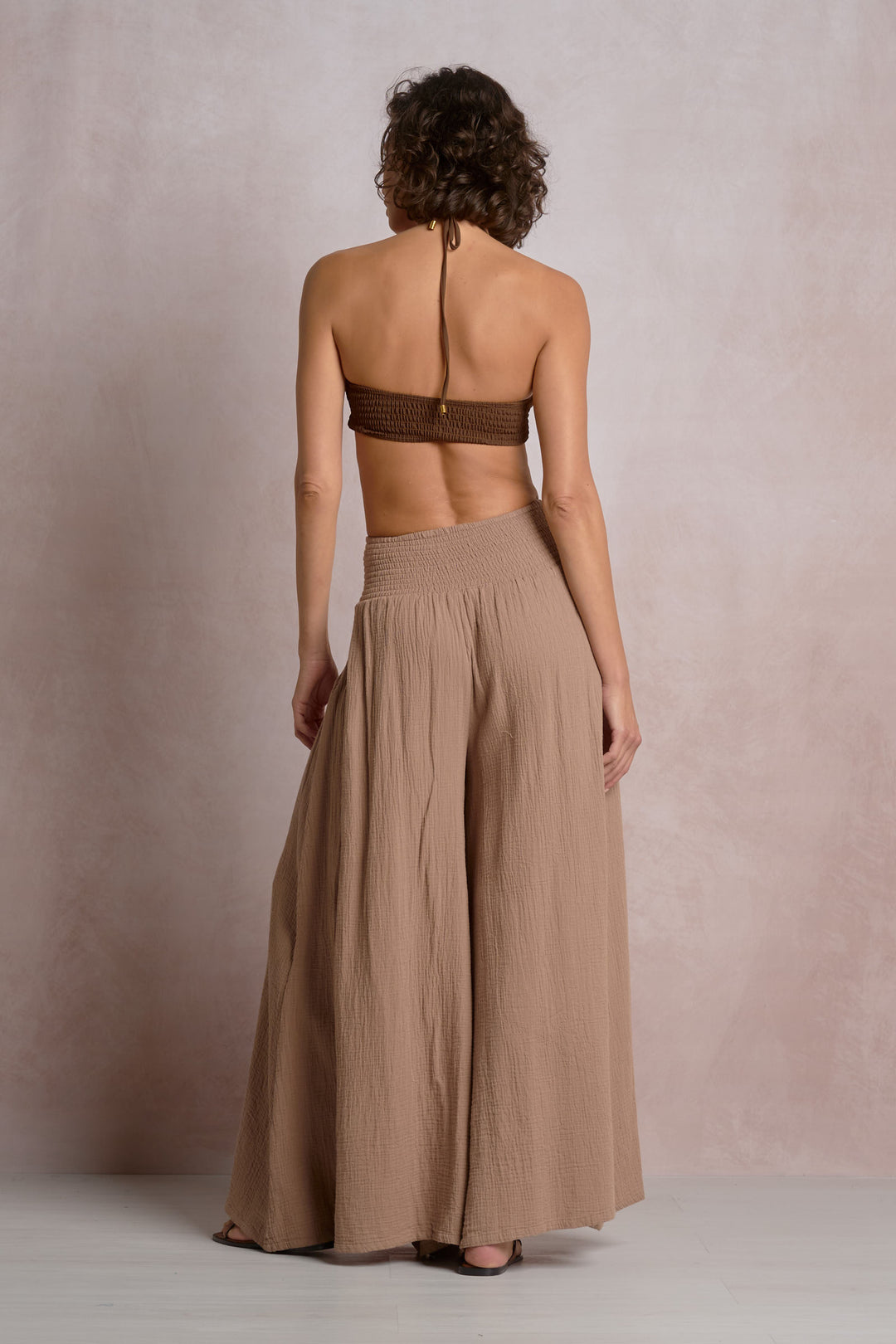 Dara Smocked Palazzo Pant in Taupe
