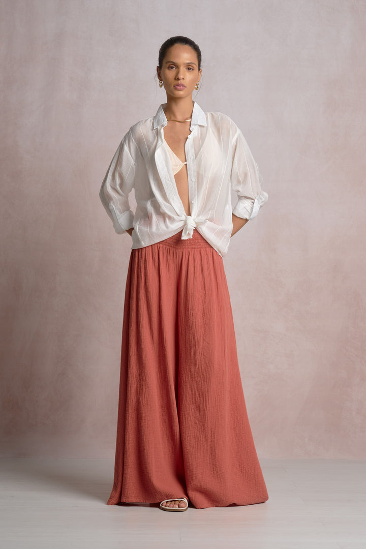 Dara Smocked Palazzo Pant in Cayenne