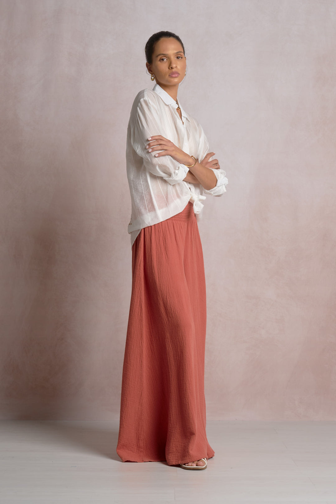 Dara Smocked Palazzo Pant in Cayenne