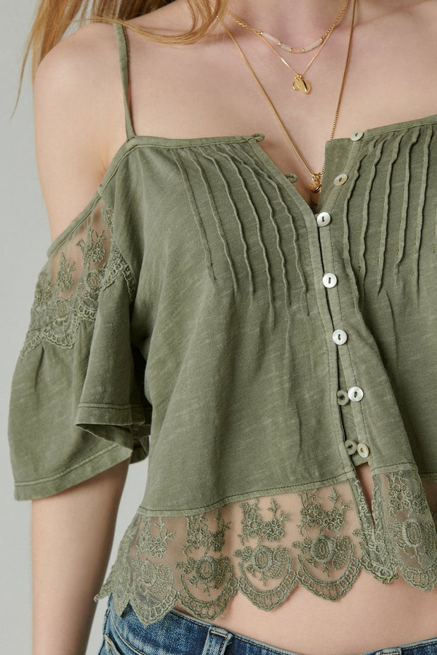 Embroidered Lace Cold Shoulder Top in Dusty Olive