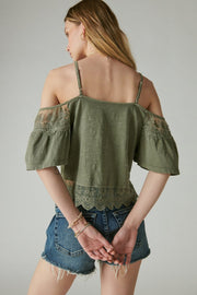 Embroidered Lace Cold Shoulder Top in Dusty Olive